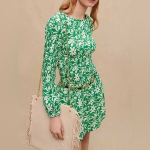 $295 MAJE size 36 US sz S Long Sleeve Green Floral Plisse Pleated Mini Dress